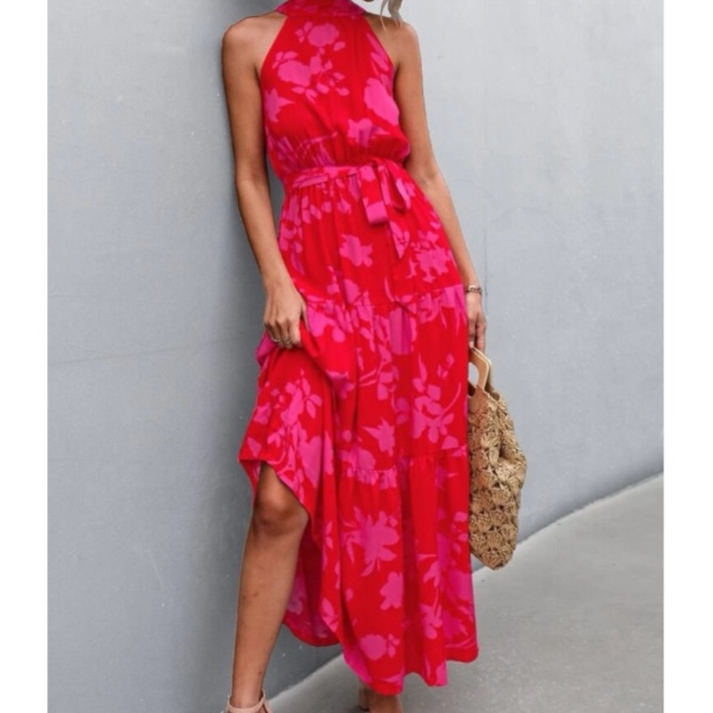 Boho pink  floral print belted halter maxi dress - Picture 13 of 14